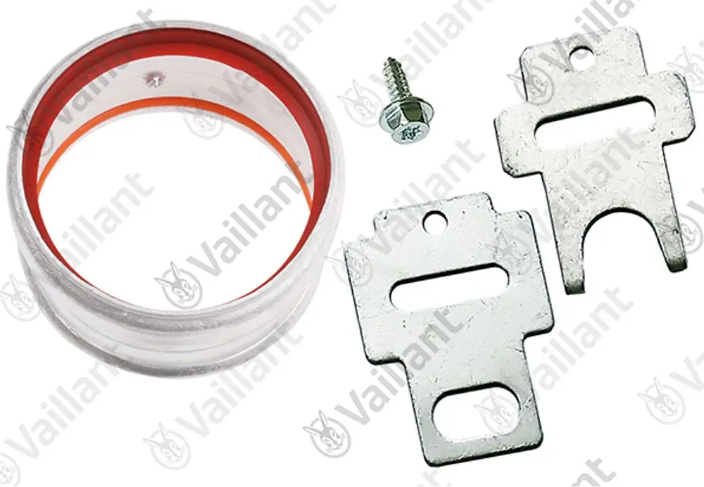 Vaillant Adapter mit einem runden, transparenten Teil und zwei metallischen Halterungen, dazu eine Schraube.